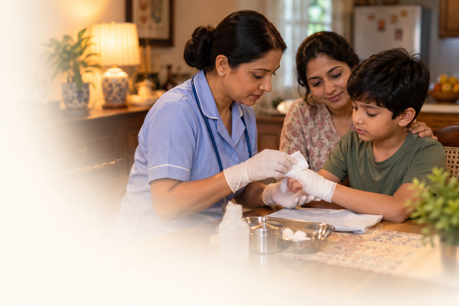 Nurse dressing a child's bandaged arm during a home visit