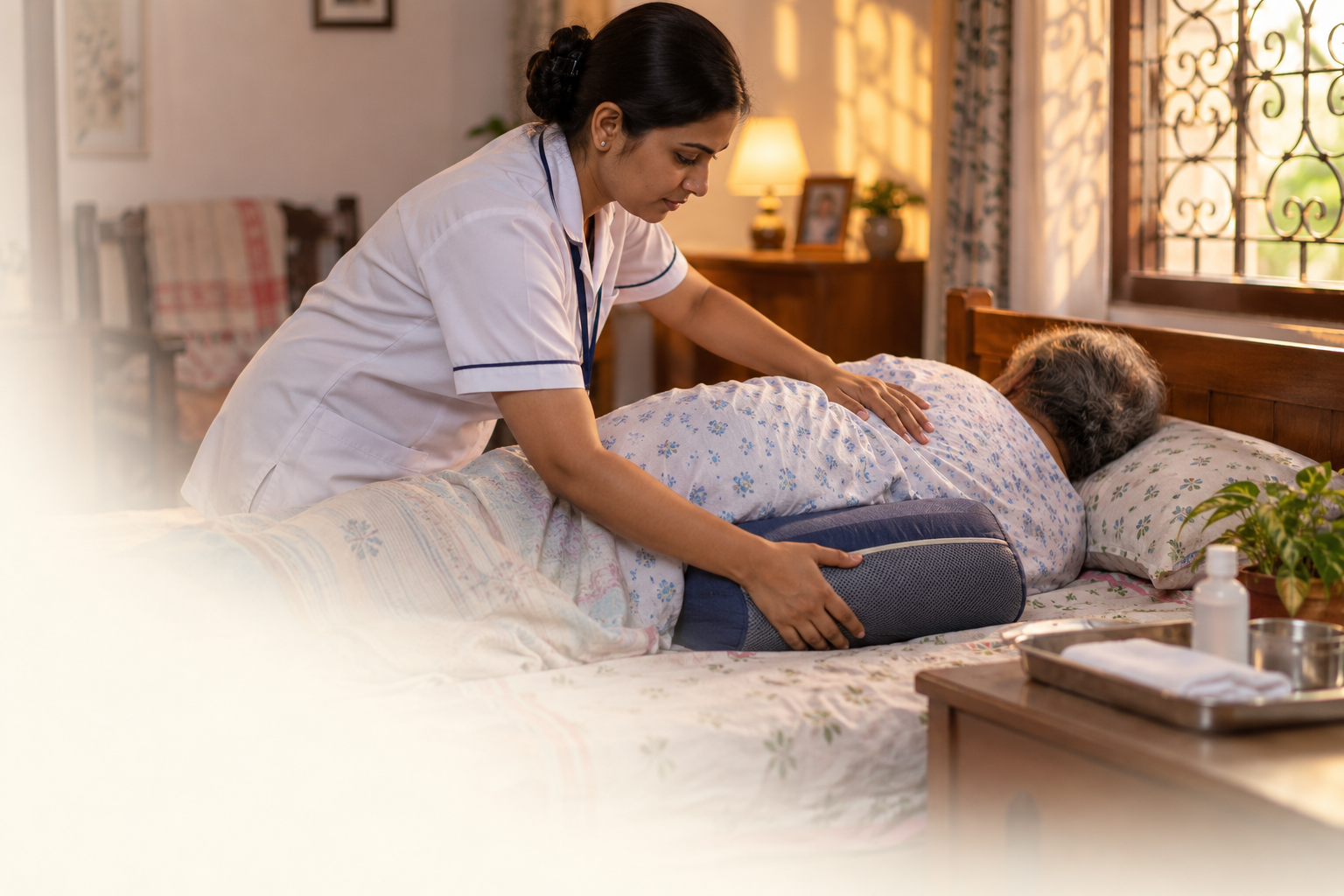 Nurse repositioning an older patient with support cushions during home care