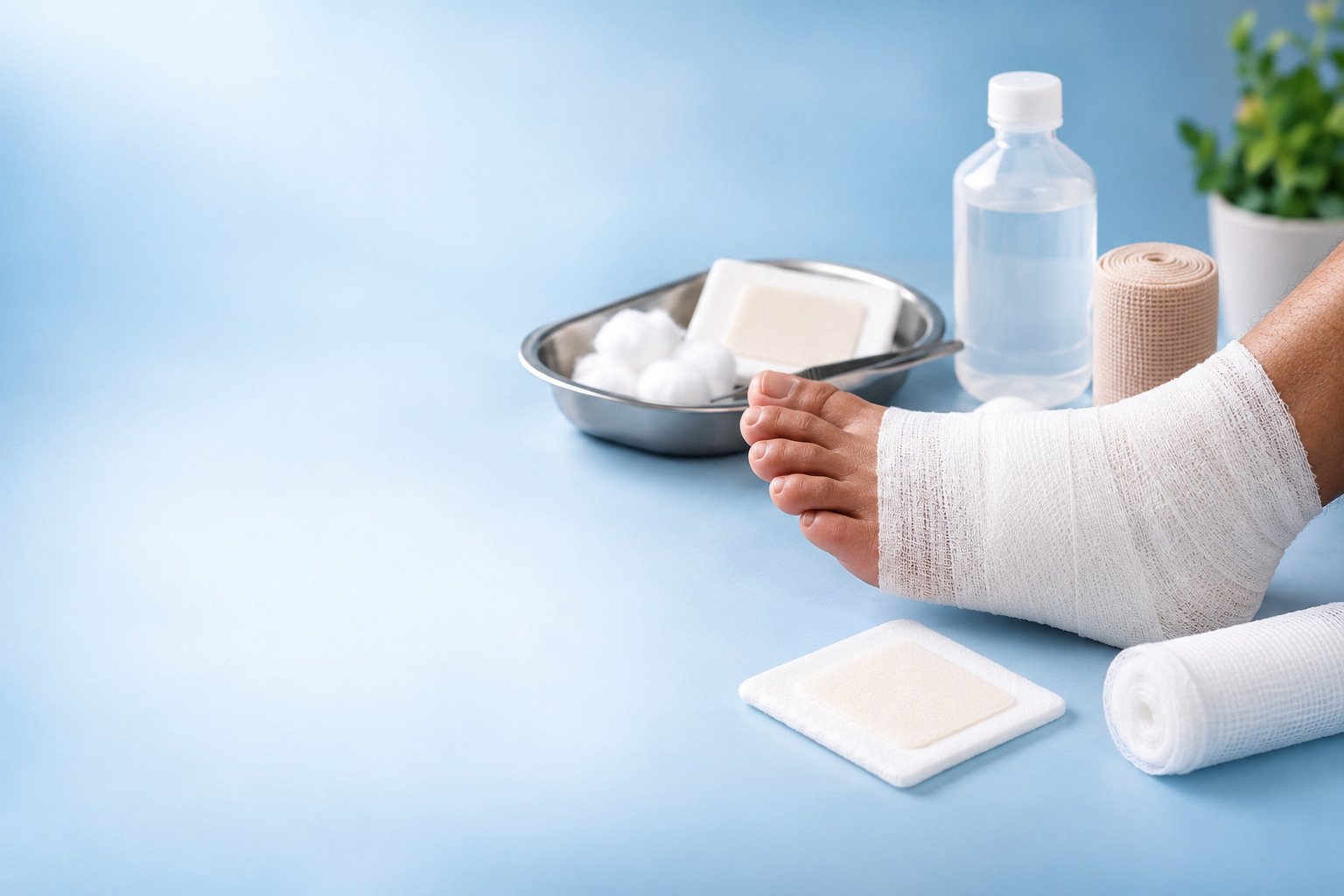 Bandaged foot with wound-care supplies for diabetic foot care