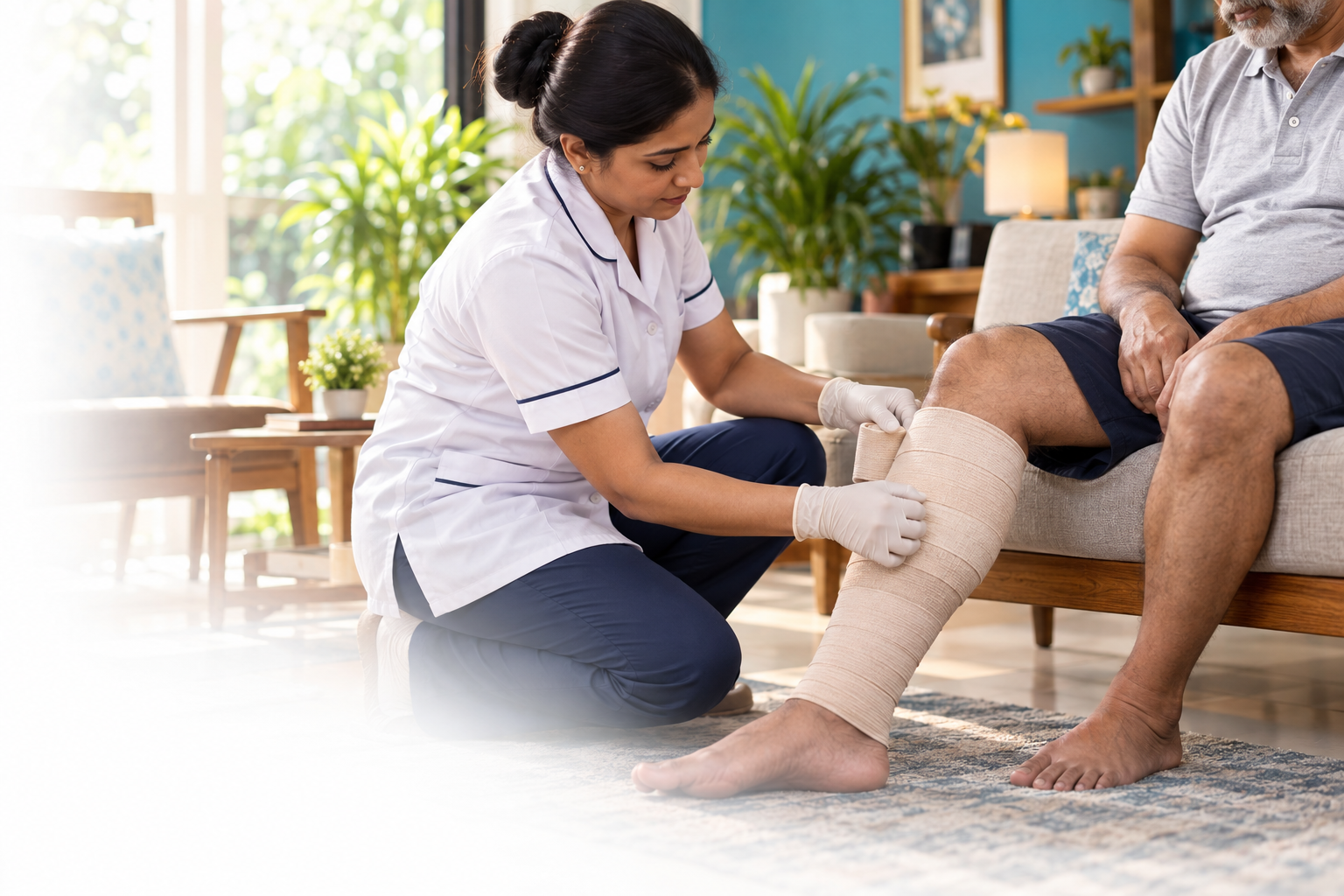 Nurse applying multilayer compression bandaging to a patient's lower leg