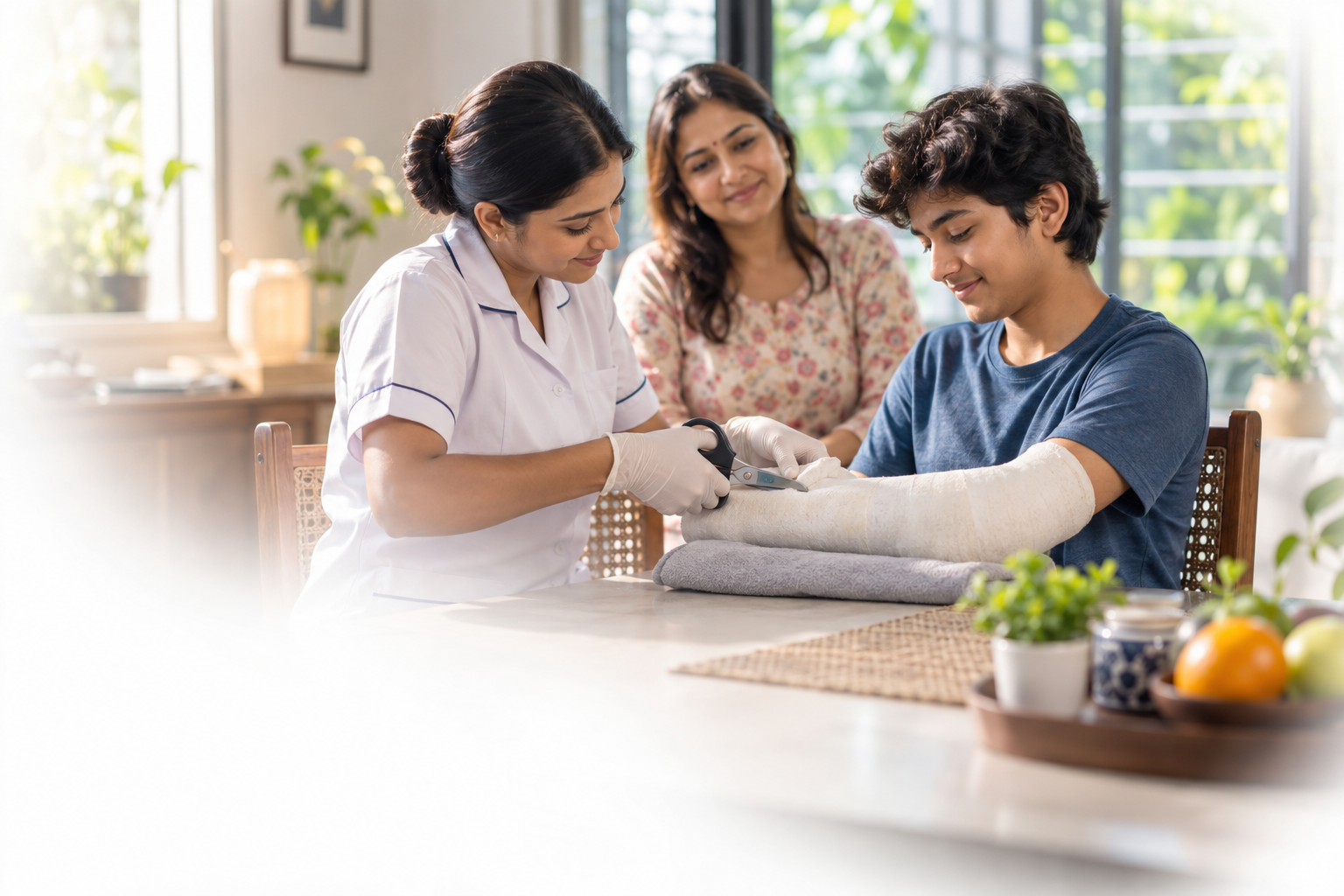 Nurse cutting a plaster cast from a patient's arm during a home visit